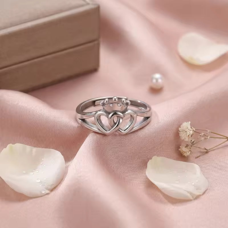 Sterling Silver Adjustable Crown and Double Heart Promise Ring