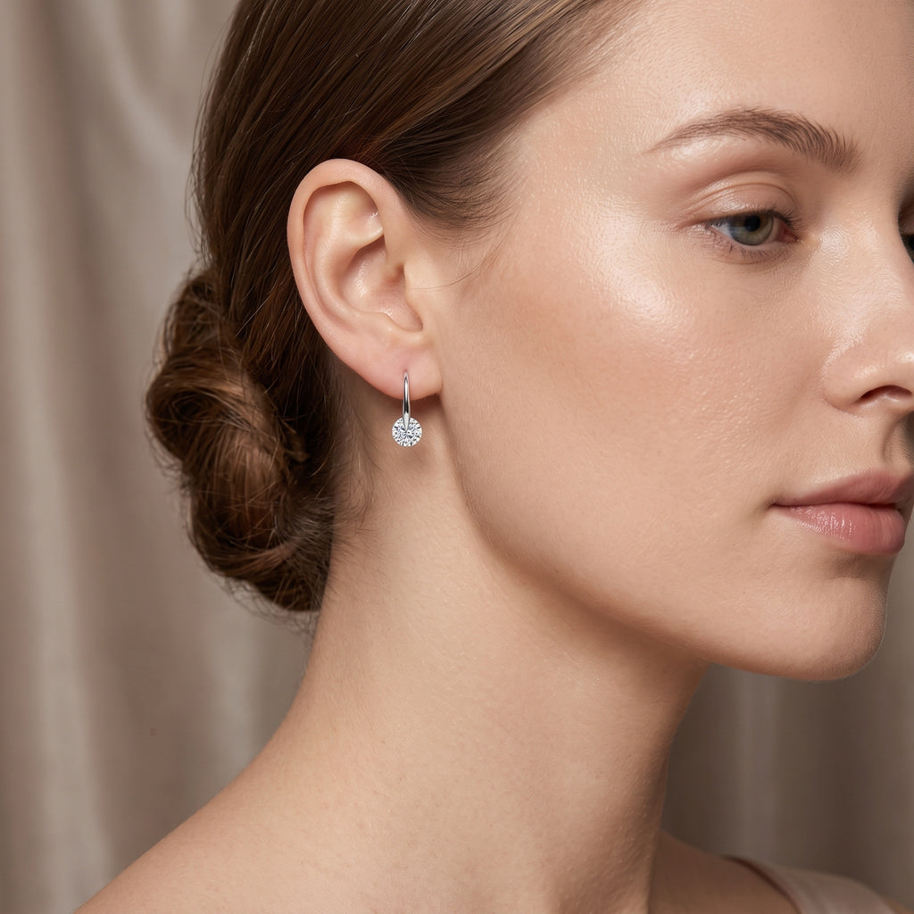 Sterling Silver Round Moissanite Hook Drop Earrings
