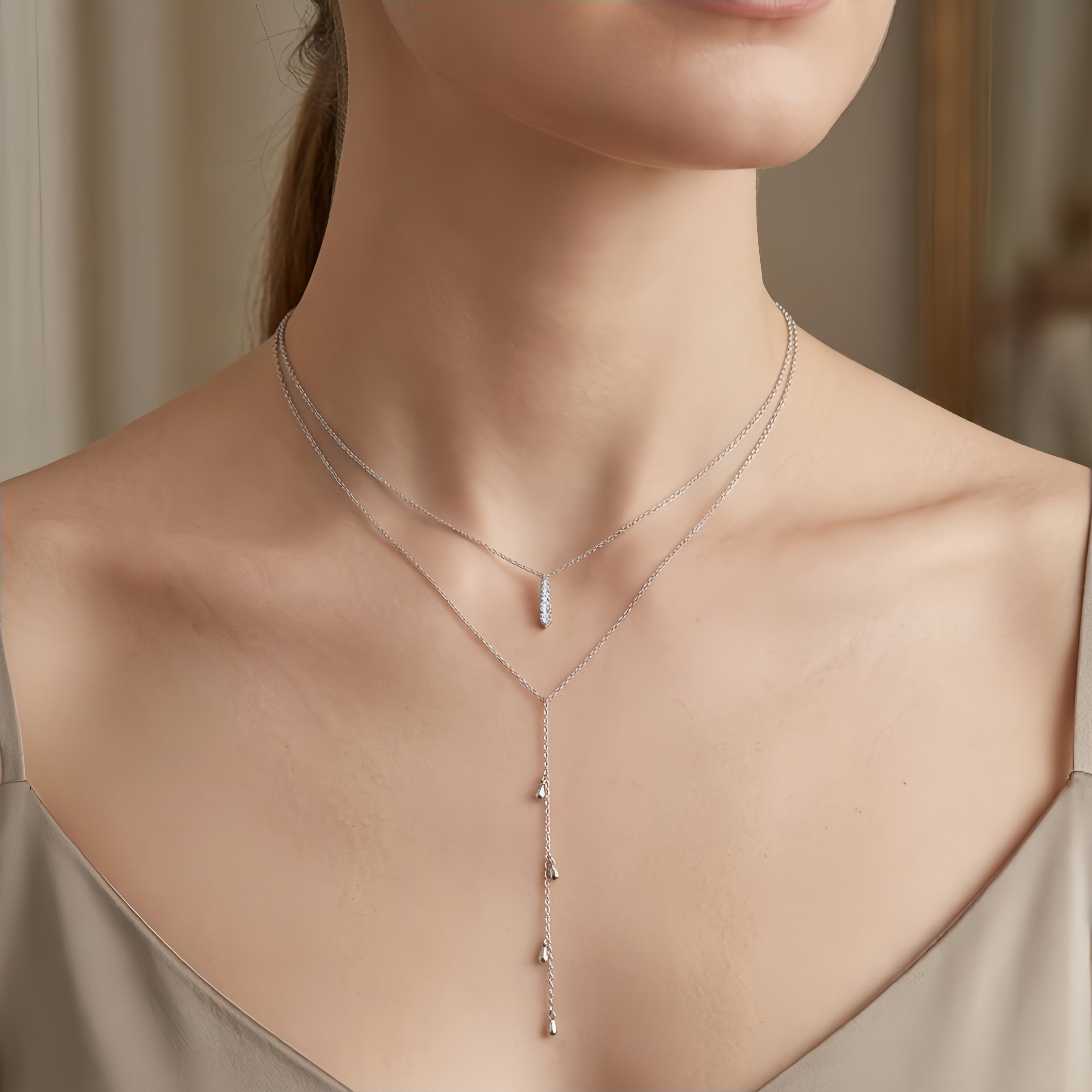 Layered CZ Teardrop Adjustable Necklace