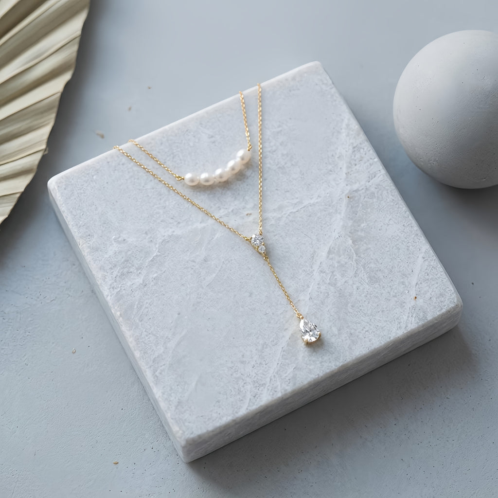 Elegant Double-Layer Pearl  with Teardrop Pendant Lariat Necklace