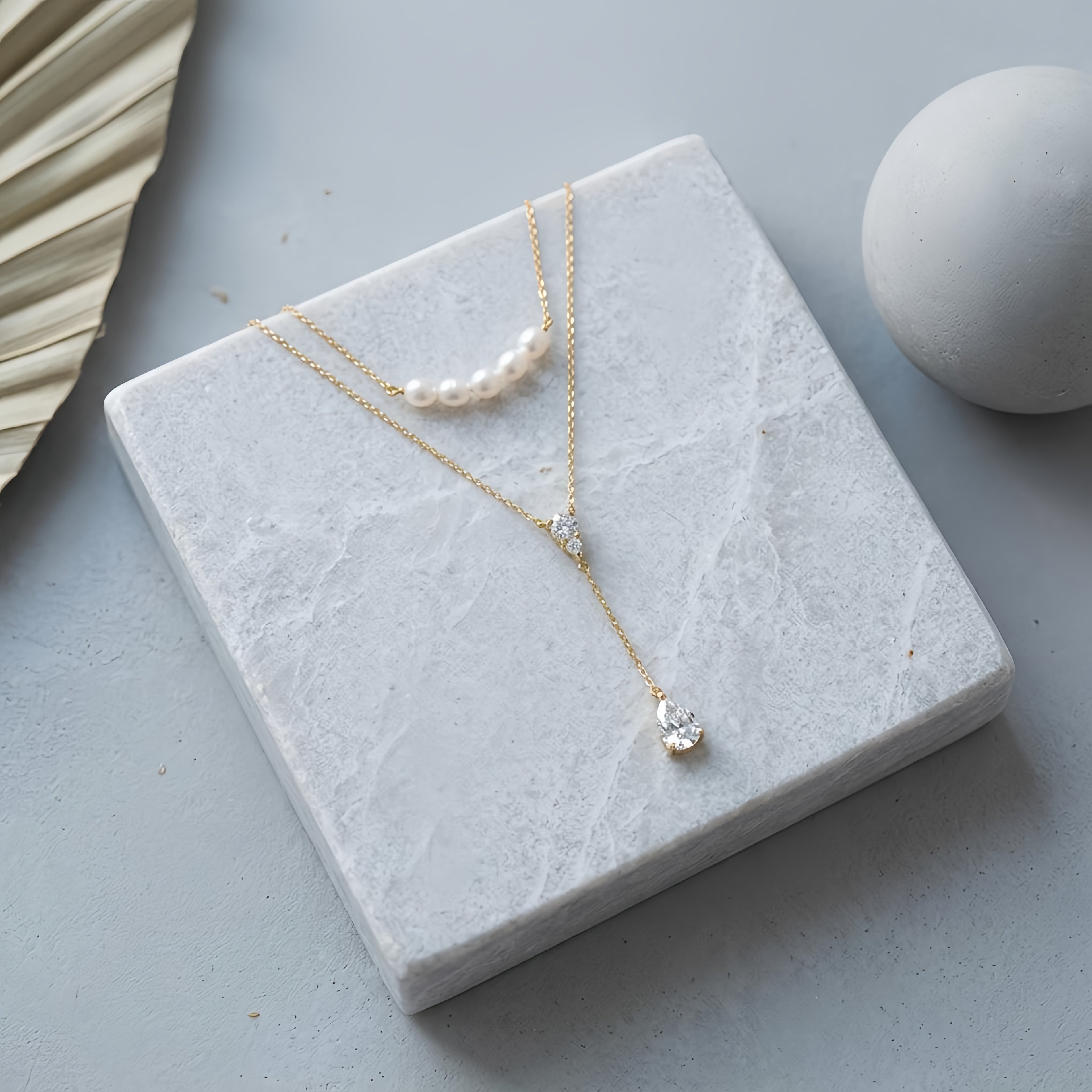 Elegant Double-Layer Pearl  with Teardrop Pendant Lariat Necklace