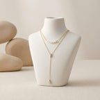 Elegant Double-Layer Pearl  with Teardrop Pendant Lariat Necklace