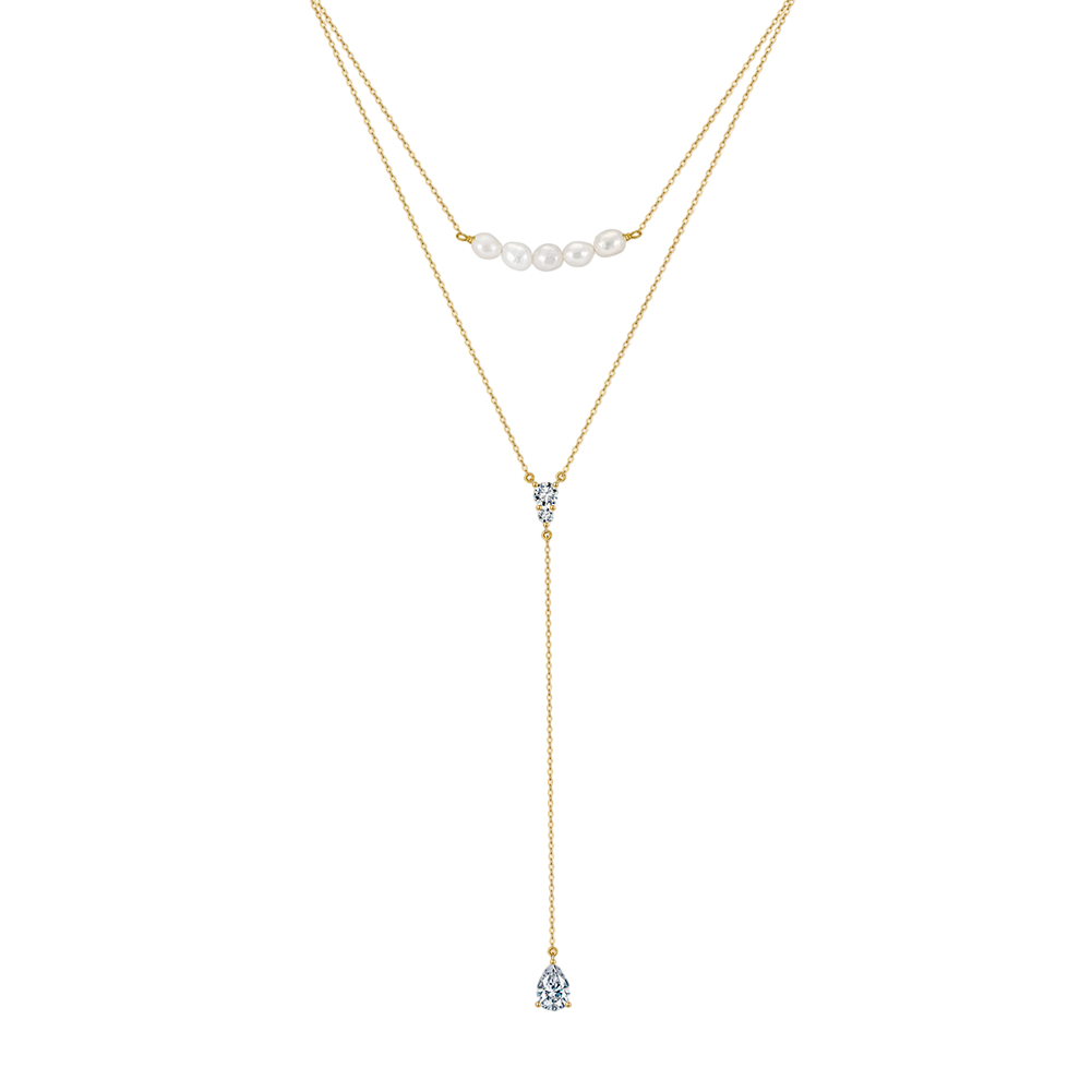 Double-Layer Sterling Silver Pearl and Teardrop Necklace – Cubic Zirconia Design