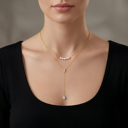 Double-Layer Sterling Silver Pearl and Teardrop Necklace – Cubic Zirconia Design