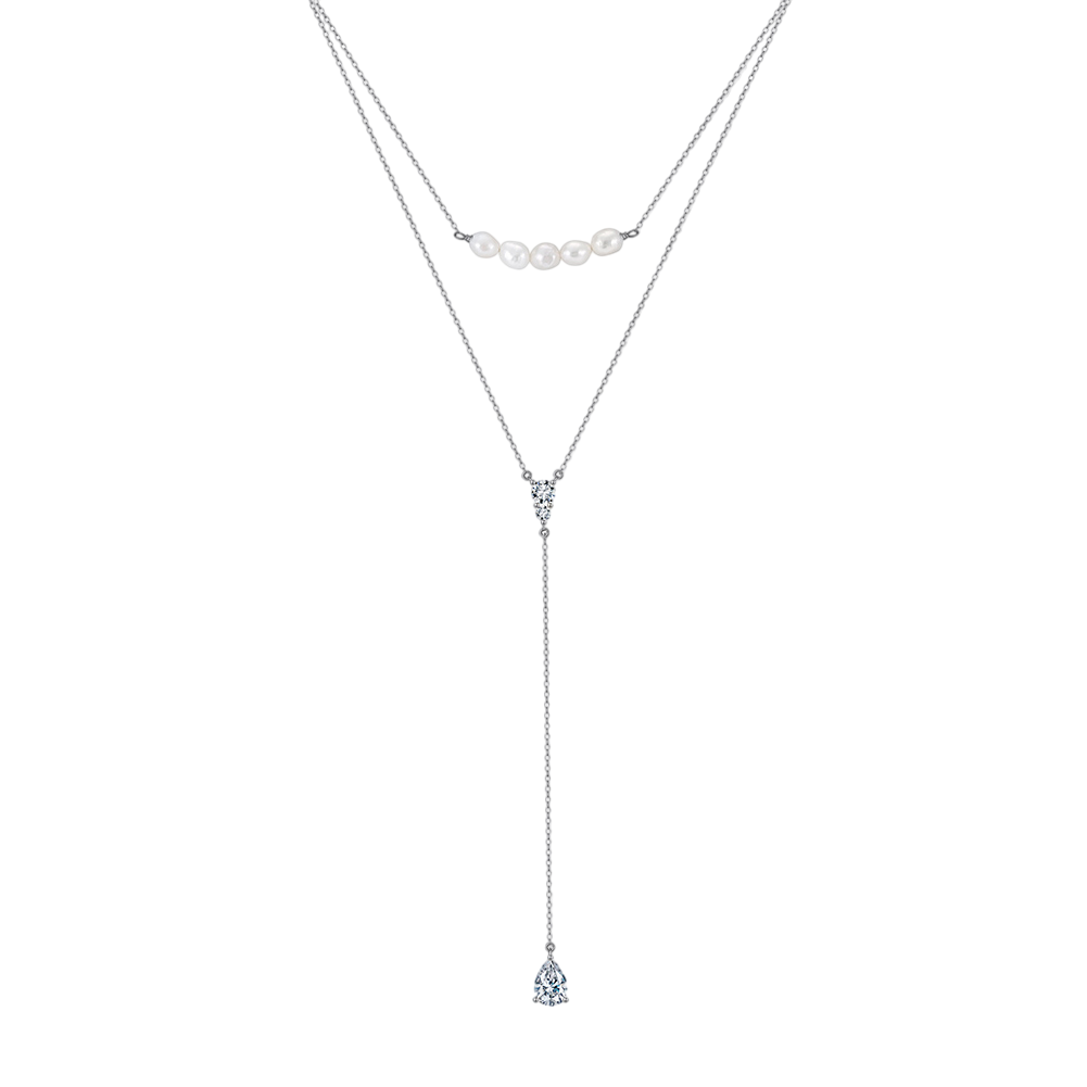 Elegant Double-Layer Pearl  with Teardrop Pendant Lariat Necklace