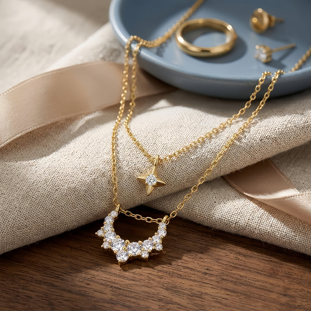 Double-Layer Celestial Star and Curved Pendant Necklace – Polished Finish