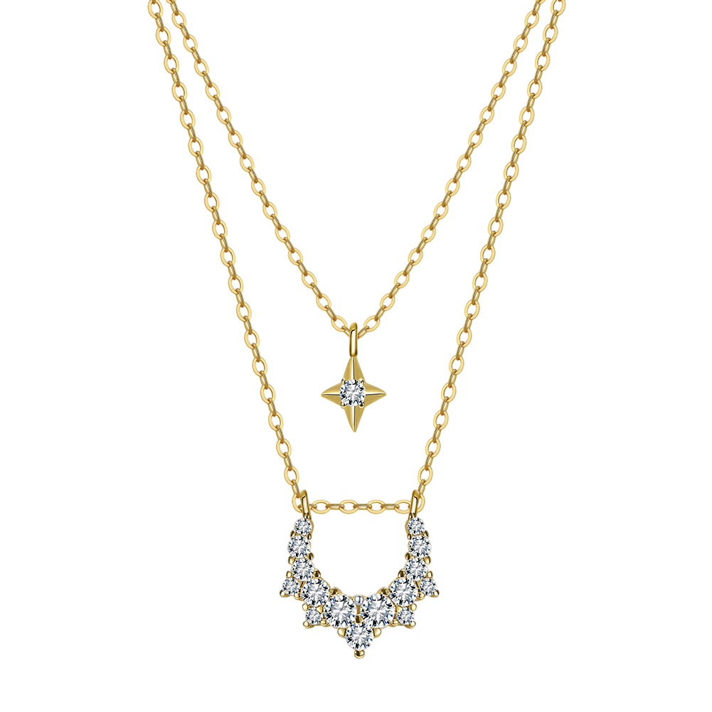 Double-Layer Sterling Silver Star and Floral Diamond Necklace