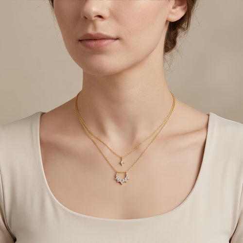 Double-Layer Sterling Silver Star and Floral Diamond Necklace