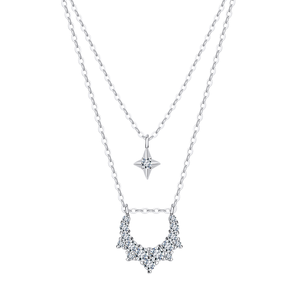 Double-Layer Celestial Star and Curved Pendant Necklace – Polished Finish