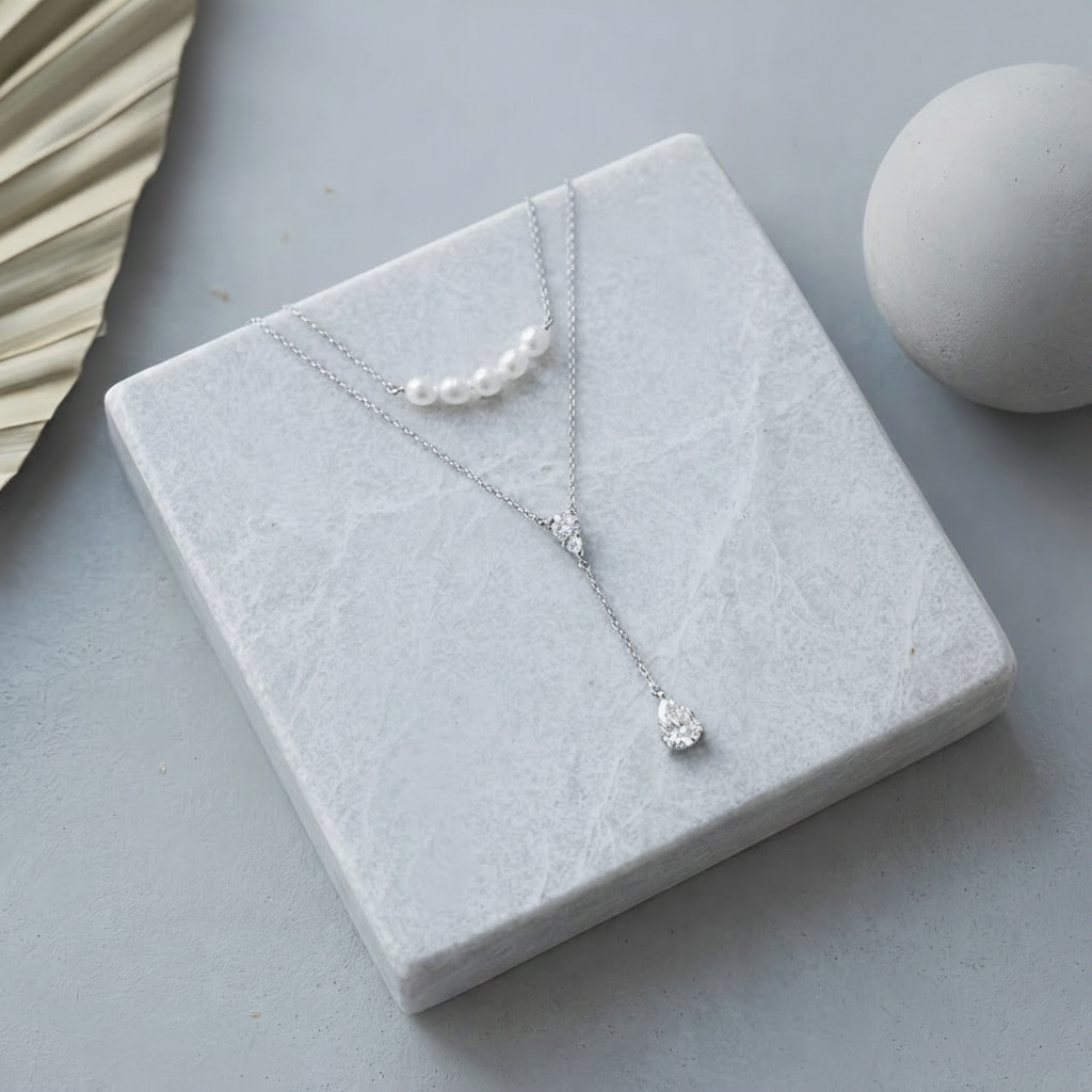 Double-Layer Pearl Lariat Necklace – Pear-Shaped Teardrop Pendant