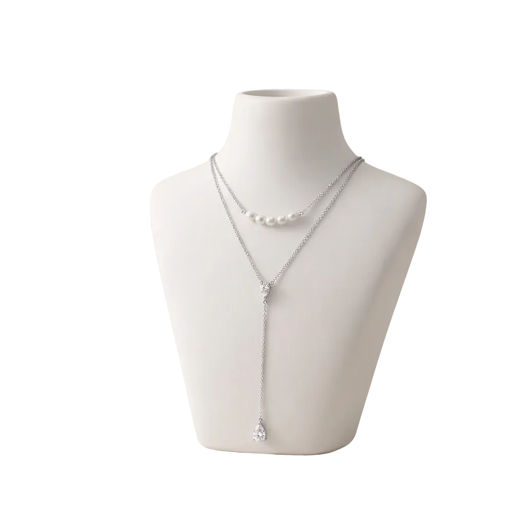 Double-Layer Pearl Lariat Necklace – Pear-Shaped Teardrop Pendant