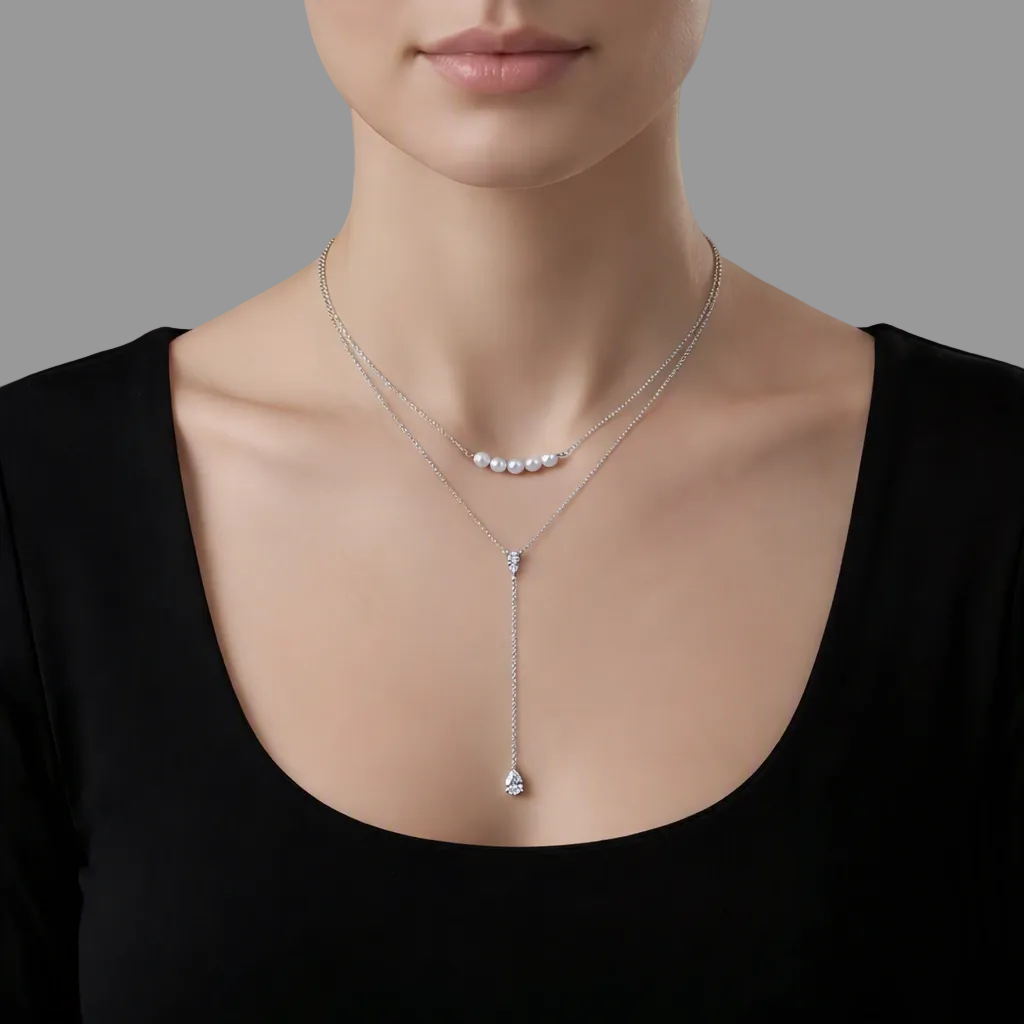 Double-Layer Pearl Lariat Necklace – Pear-Shaped Teardrop Pendant