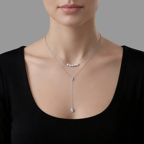 Double-Layer Pearl Lariat Necklace – Pear-Shaped Teardrop Pendant