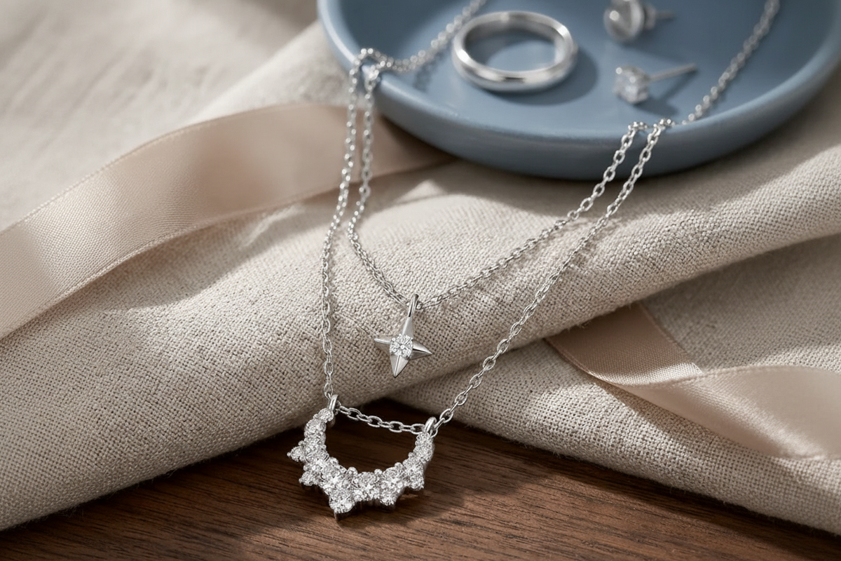 Double-Layer Celestial Star and Curved Pendant Necklace – Polished Finish