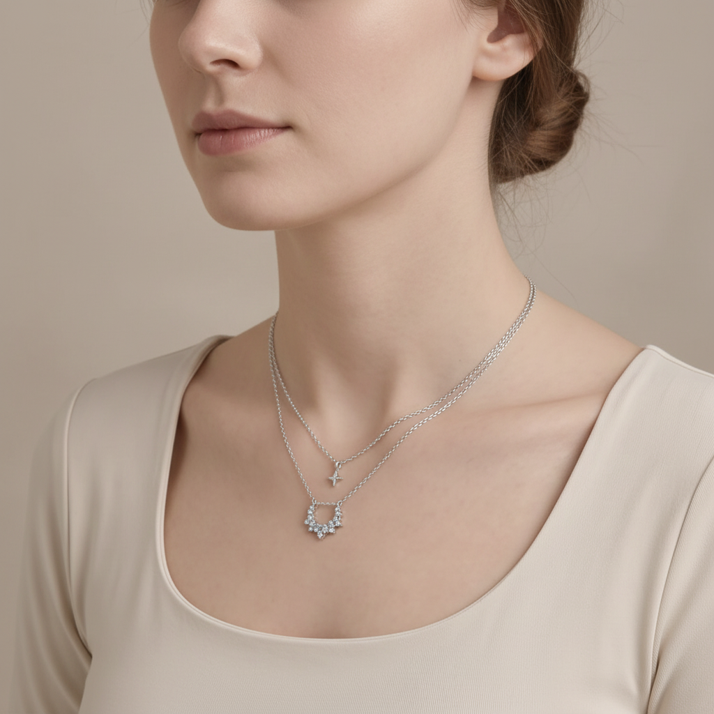 Double-Layer Celestial Star and Curved Pendant Necklace – Polished Finish