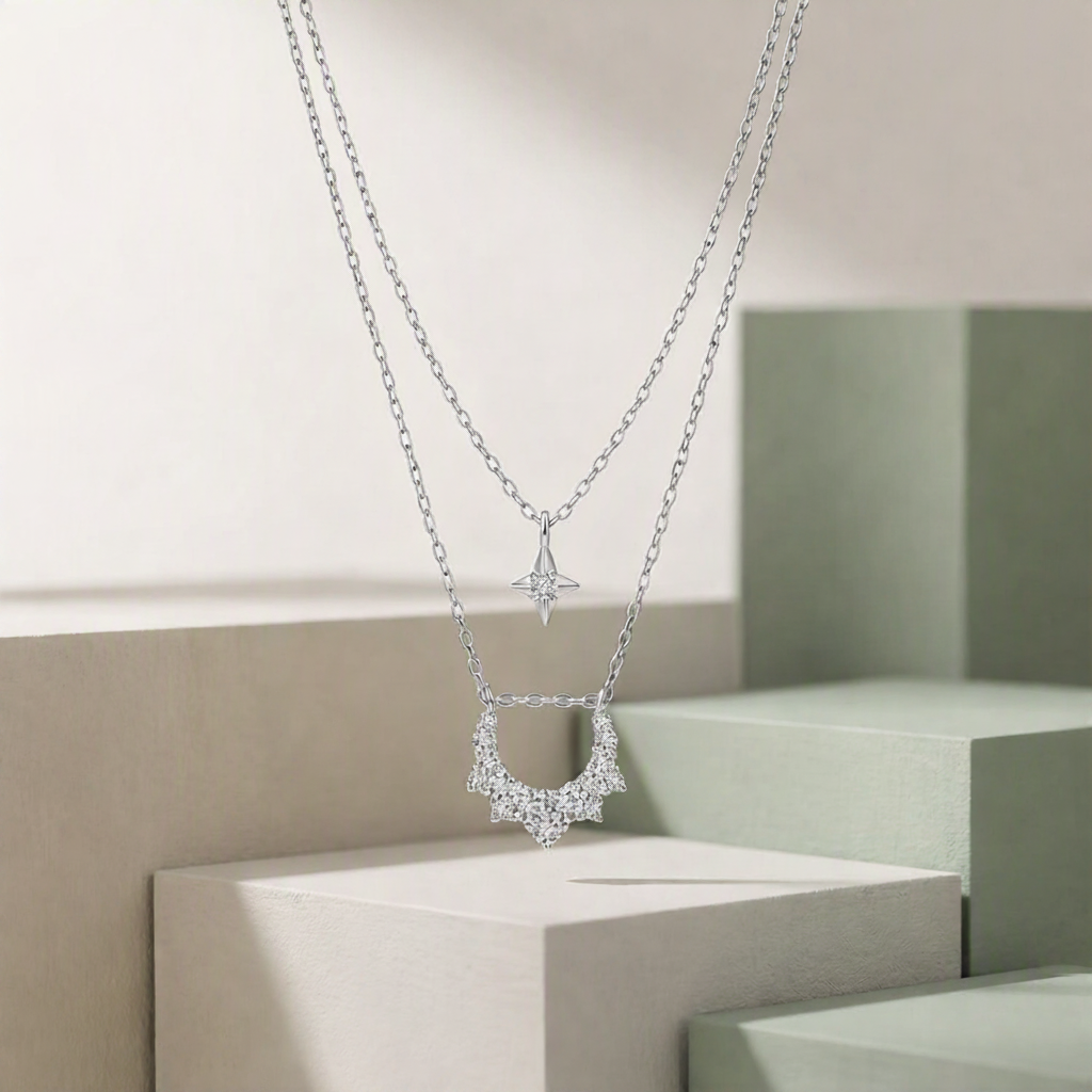 Double-Layer Celestial Star and Curved Pendant Necklace – Polished Finish