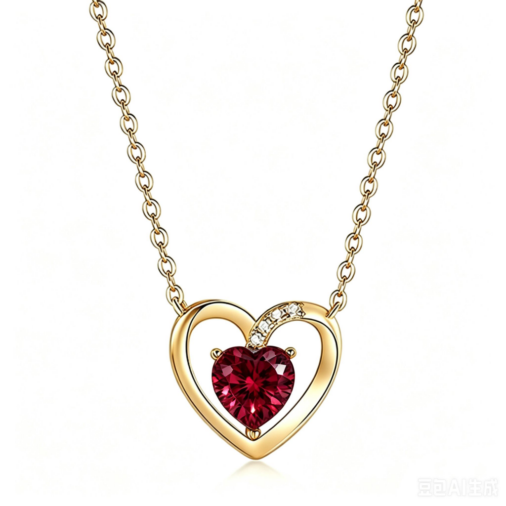 18K Yellow Gold Plated Red Heart Moissanite Pendant Necklace