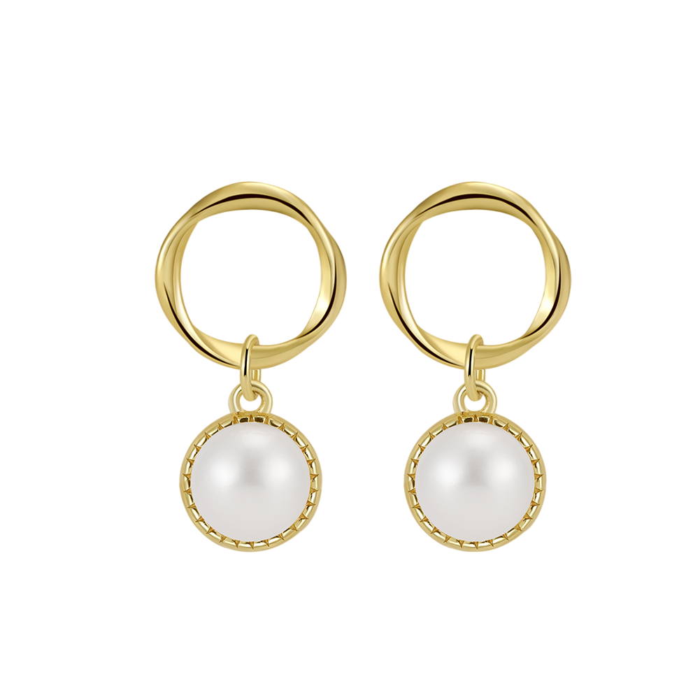Sterling Silver Pearl Hoop Drop Earrings with Textured Bezels