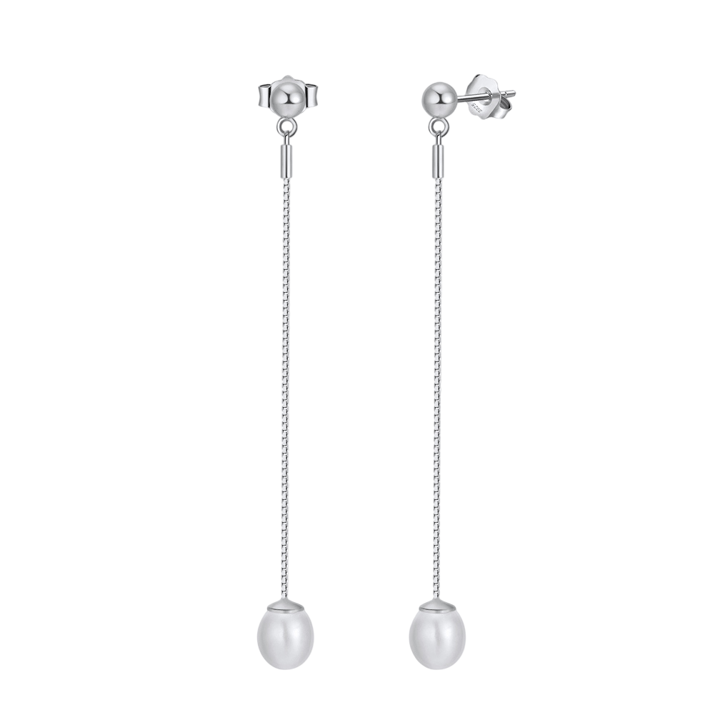 Sterling Silver Long Pearl Drop Earrings