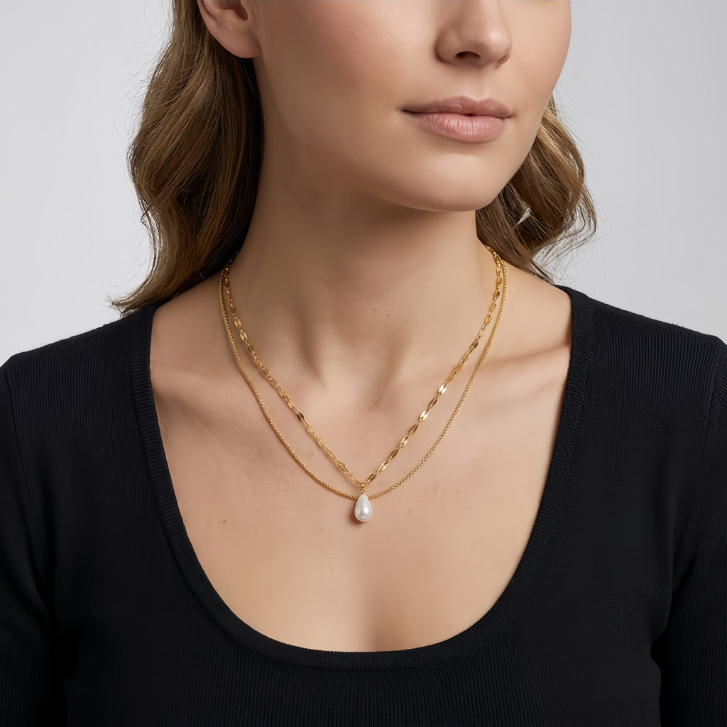 Layered Dainty Teardrop Pearl Necklace