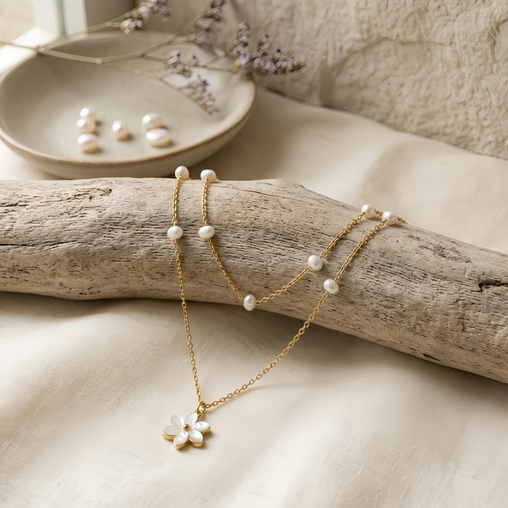 Layered Pearl Floral Charm Pendant Necklace
