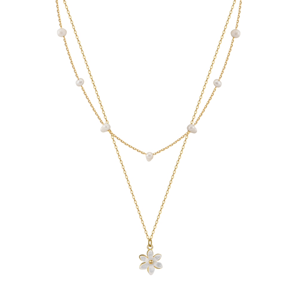Layered Pearl Necklace with White Floral Pendant – Elegant Tiered Design