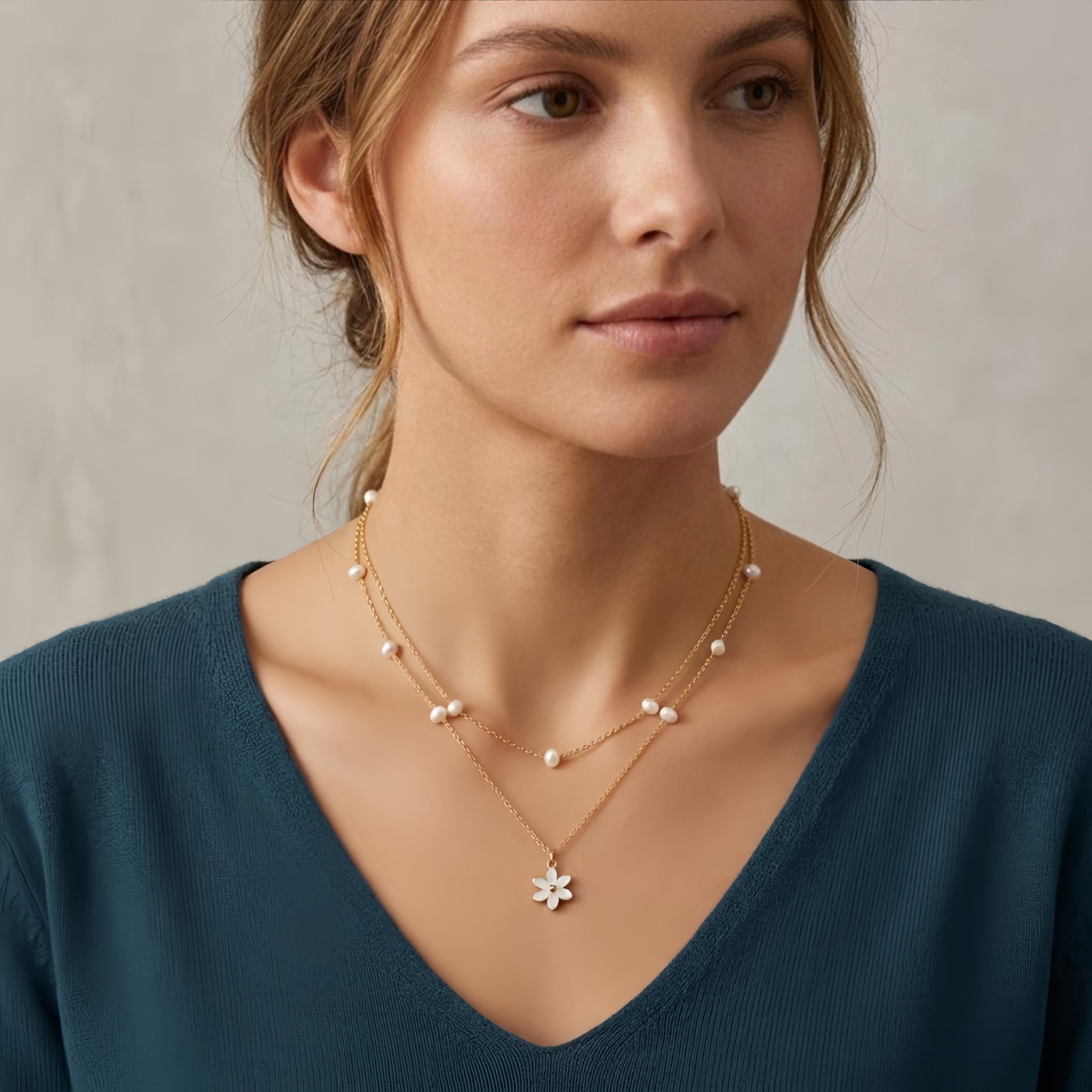 Layered Pearl Floral Charm Pendant Necklace