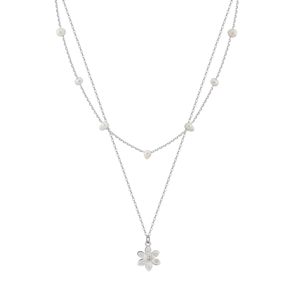 Layered Pearl Floral Charm Pendant Necklace