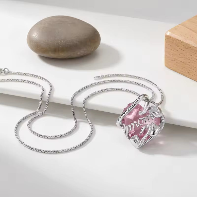 Sterling Silver “I Love You Forever Mom” Heart Necklace – Pink or Yellow Crystal