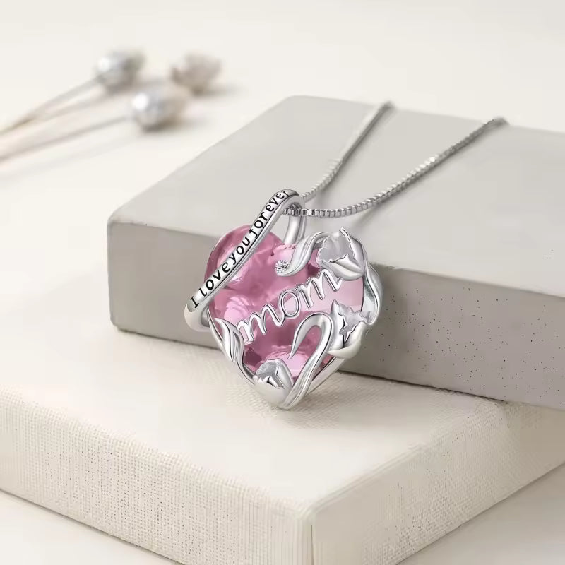 Sterling Silver “I Love You Forever Mom” Heart Necklace – Pink or Yellow Crystal