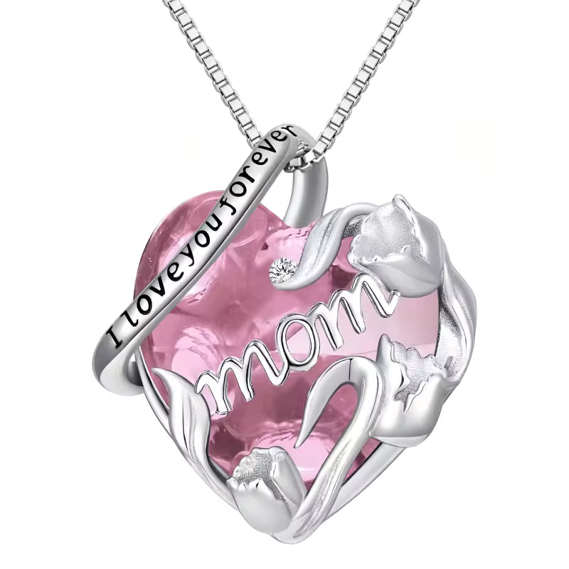 Sterling Silver “I Love You Forever Mom” Heart Necklace – Pink or Yellow Crystal