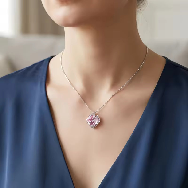 Sterling Silver “I Love You Forever Mom” Heart Necklace – Pink or Yellow Crystal