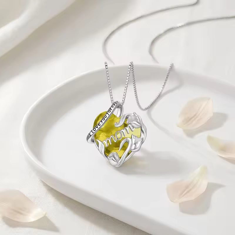 Sterling Silver “I Love You Forever Mom” Heart Necklace – Pink or Yellow Crystal