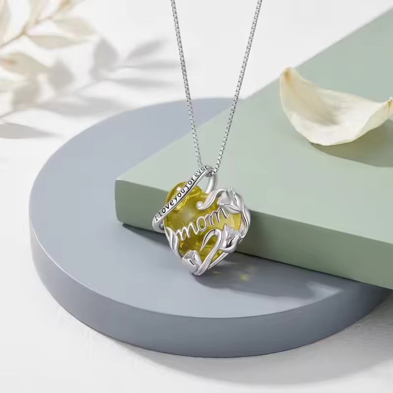 Sterling Silver “I Love You Forever Mom” Heart Necklace – Pink or Yellow Crystal