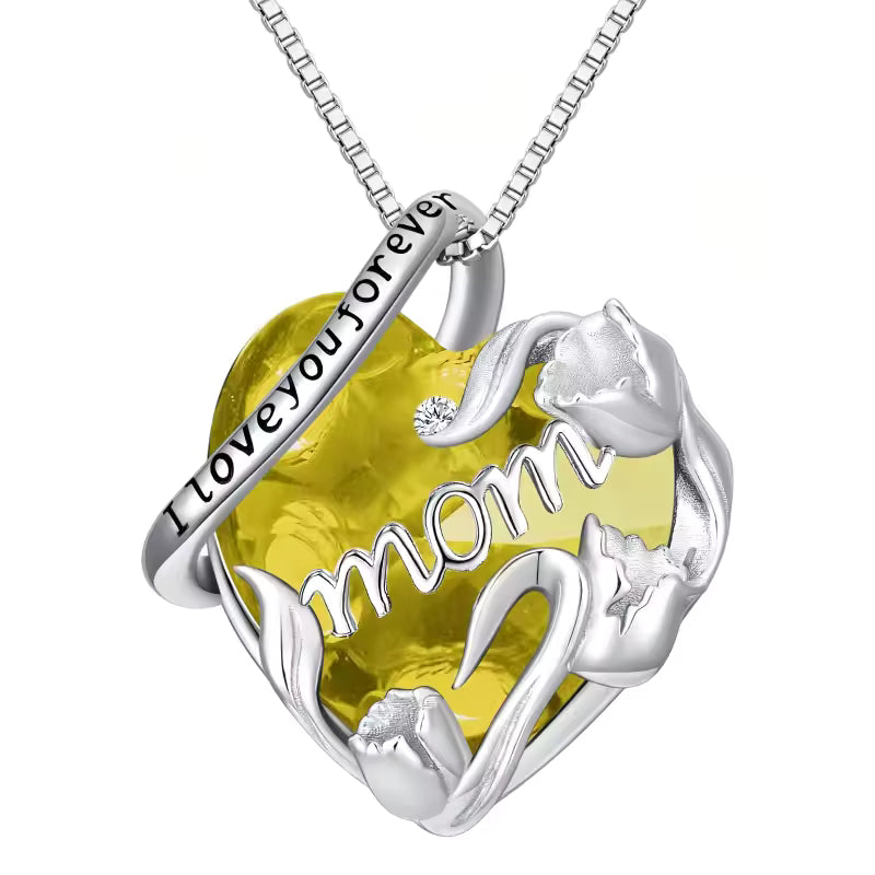 Sterling Silver “I Love You Forever Mom” Heart Necklace – Pink or Yellow Crystal