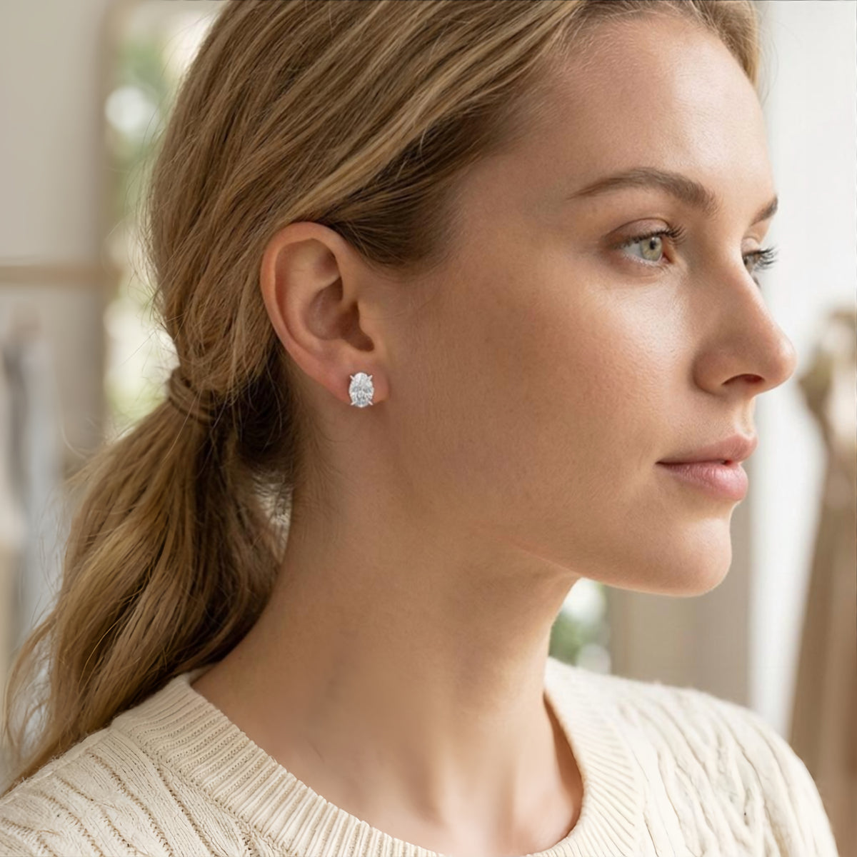 Sterling Silver Oval-Cut Cubic Zirconia Stud Earrings
