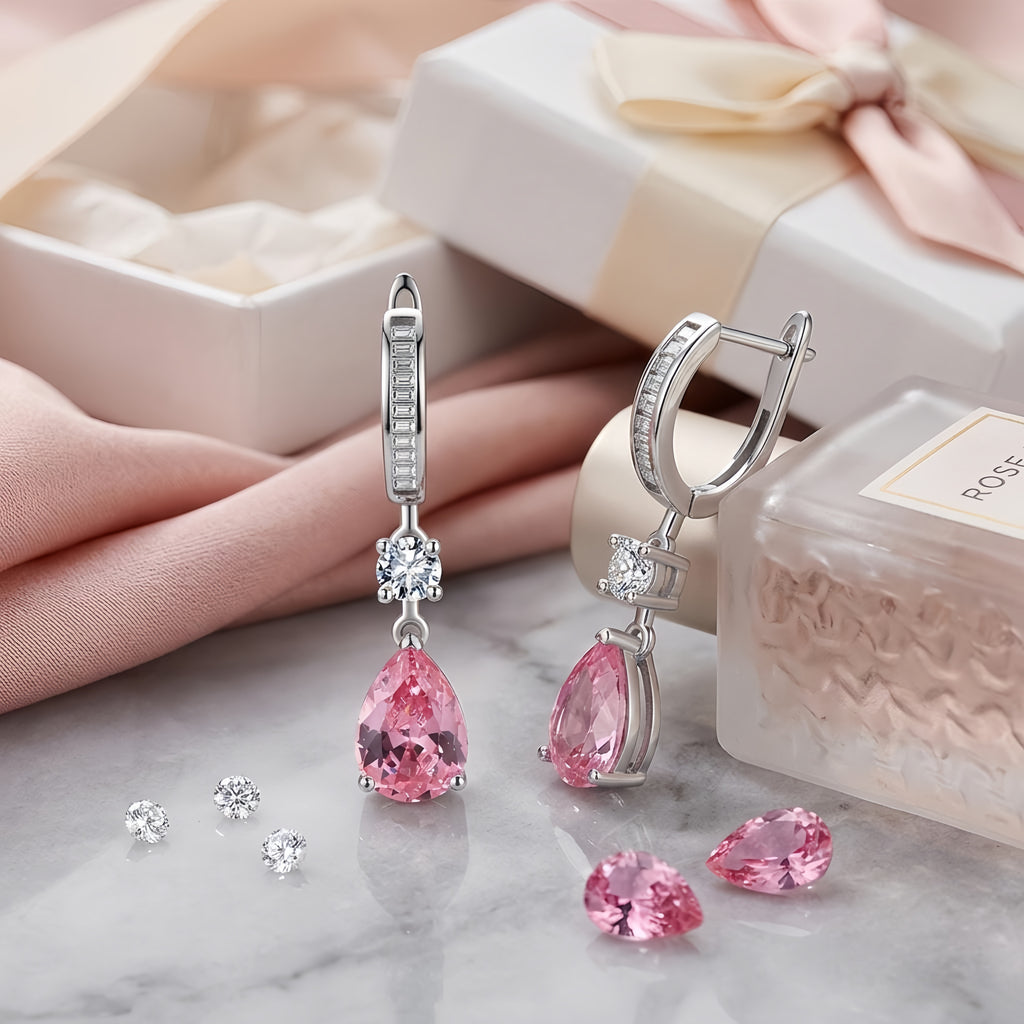 Sterling Silver Pink Cubic Zirconia Drop Earrings