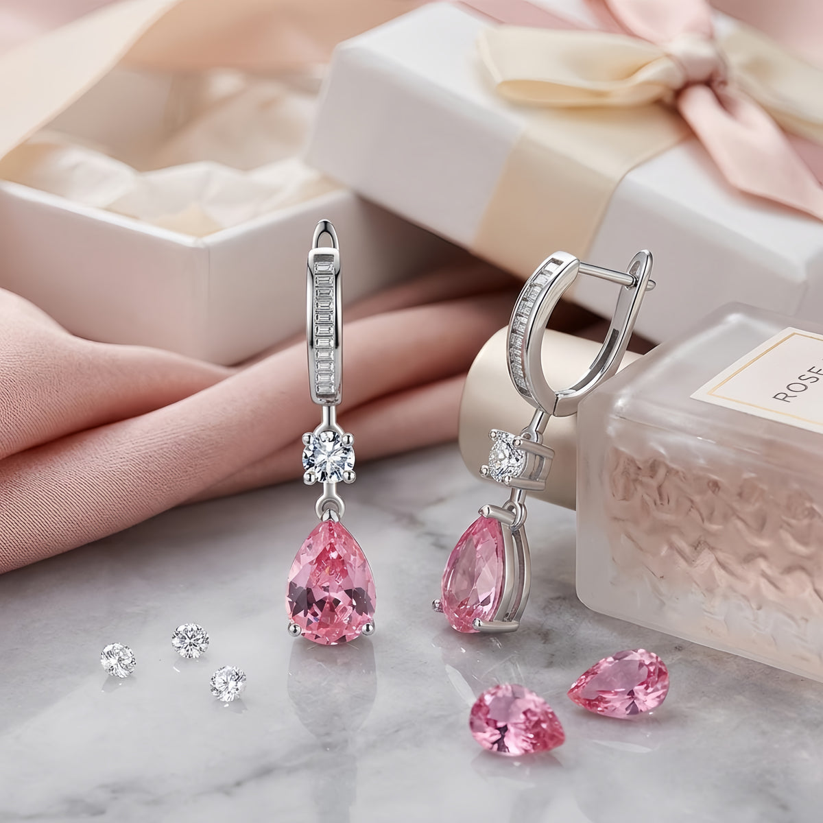 Sterling Silver Pink Cubic Zirconia Drop Earrings