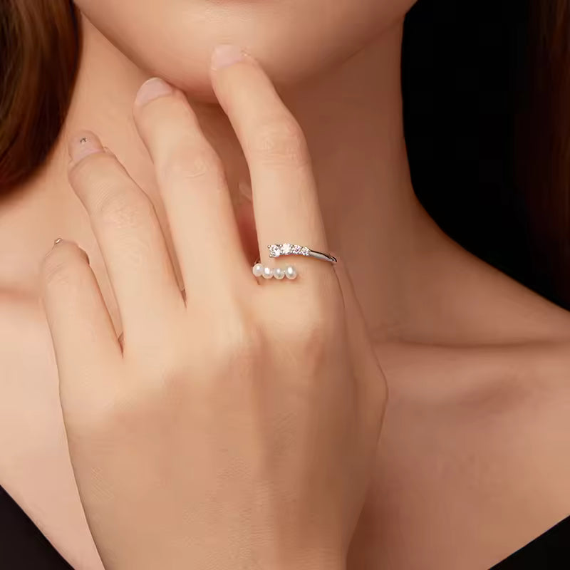 Sterling Silver Pearl and Cubic Zirconia Open Cuff Ring