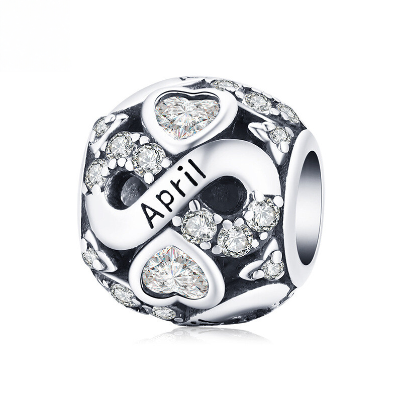 Sterling Silver Birth Month Cubic Zirconia Charm Bead