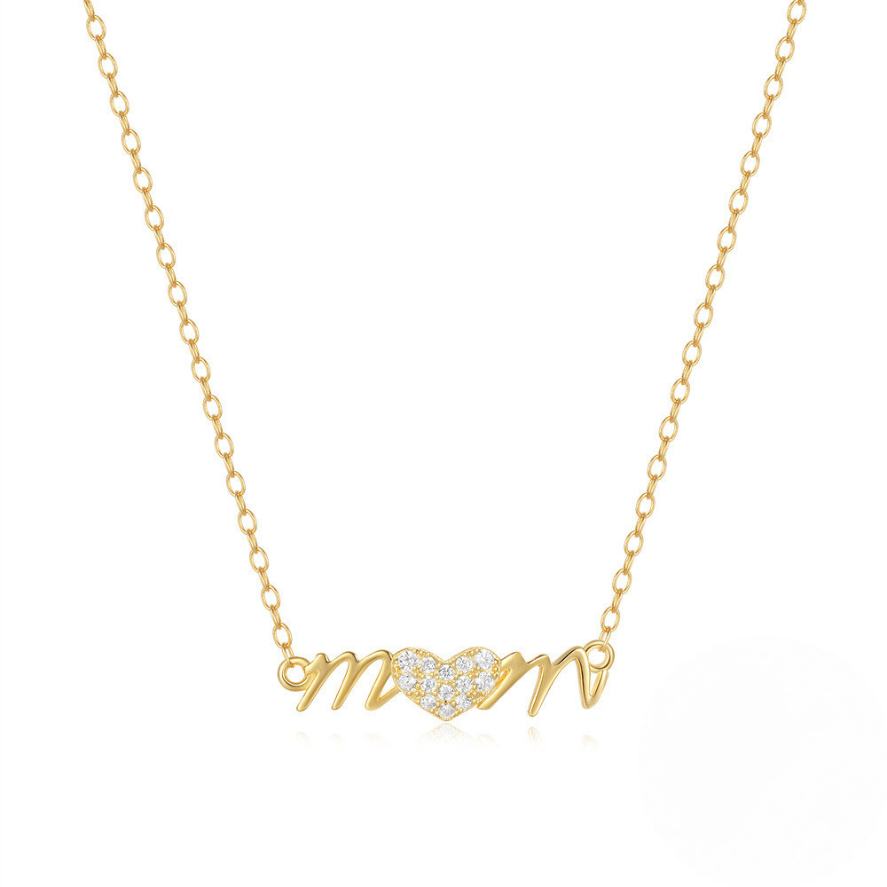 Heart-Shaped MOM Pendant Choker Necklace with Crystal Accents