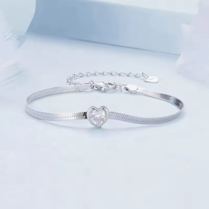 Sterling Silver Heart Cut Cubic Zirconia Herringbone Bracelet
