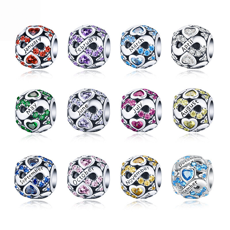 Sterling Silver Birth Month Cubic Zirconia Charm Bead