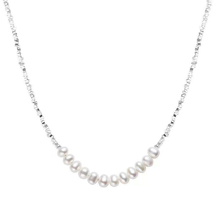 Silver Freshwater Pearl Collar Necklace – Faceted Bead Chain
