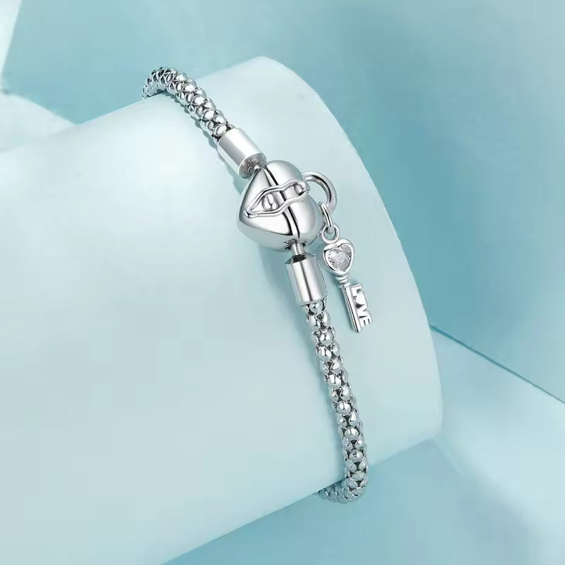 Sterling Silver Heart Lock and Key Popcorn Chain Bracelet