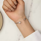Sterling Silver Four Leaf Clover and Heart Open Cuff Bangle