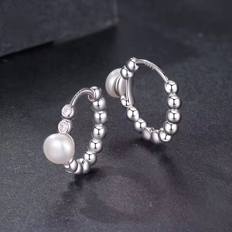 Sterling Silver Pearl Huggie Hoop Earrings