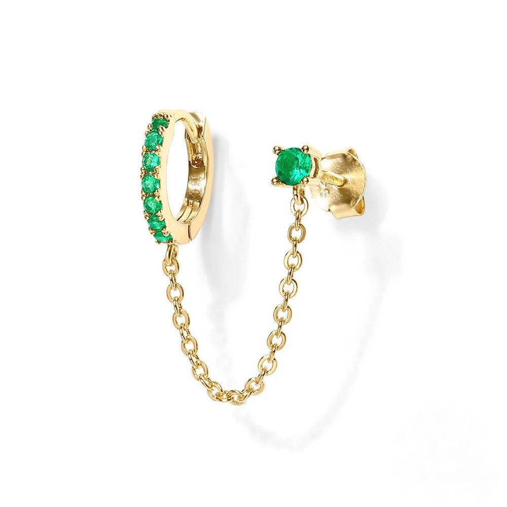 Sterling Silver Single-Row Ear Cuff with Chain – Green Stone Detail