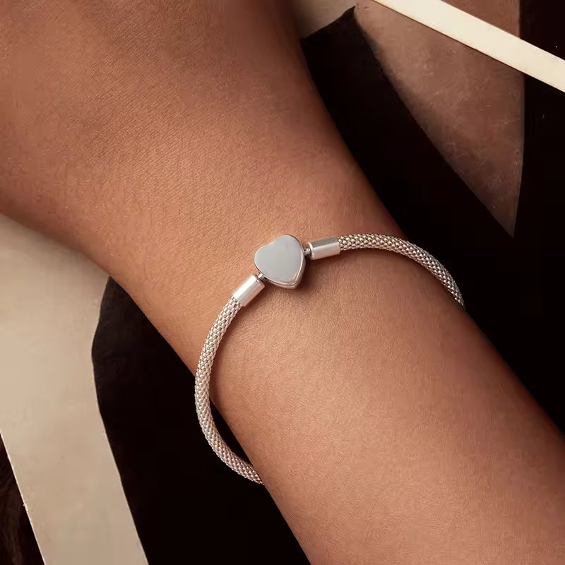 Sterling Silver Polished Heart Popcorn Mesh Bracelet