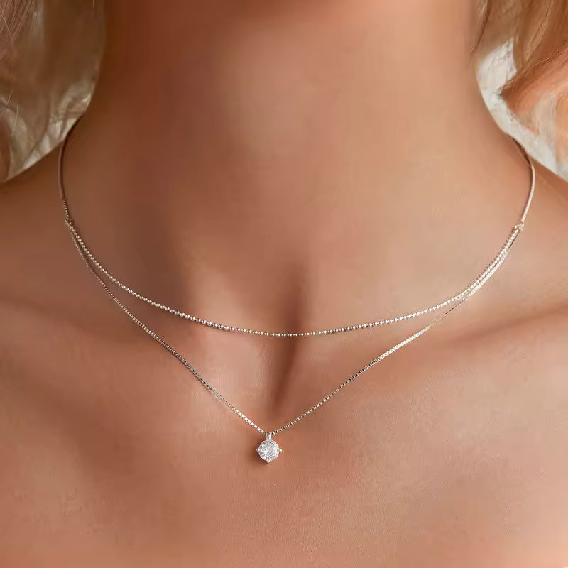 Sterling Silver Double-Layer CZ Pendant Necklace